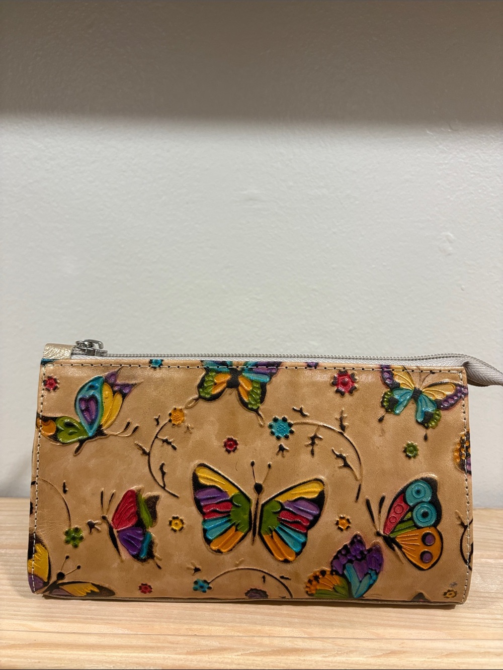 Butterfly Embossed Leather Zip Wallet - Tan
